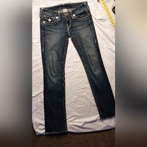 True Religion Joey Super T Flare Jeans Women 27 Dark Wash Y2K Distressed